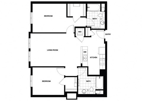Floor plan for 2 beds, 2 baths, 1033 sqft
